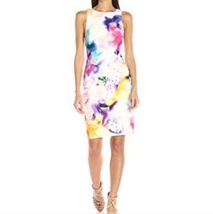Calvin Klein Floral Print Scuba Sheath Dress Knee Length Mini White Low Back 6